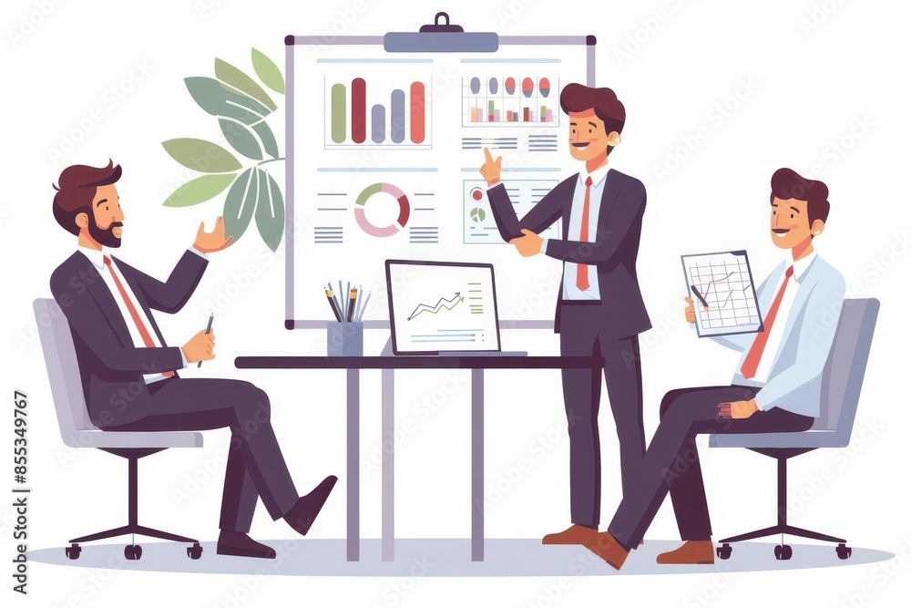 Wall mural business presentation and whiteboard discussion team meeting and collaboration office illustration - Wall murals