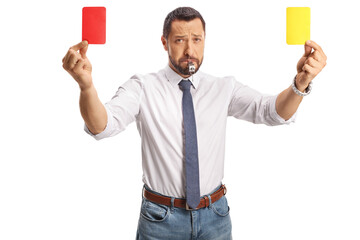 Man blowing a whistle and showing a red and yellow card