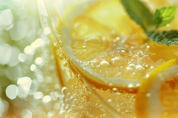 Fresh Orange Juice with Mint Leaf Garnish, Close-up Shot with Blurred Bubbles