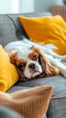 Cavalier king charles spaniel resting on a grey couch with yellow cushions, cozy home interior, calm and relaxed pet concept
