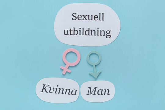 Text SEXUELL UTBILDNING (Swedish for Sexual Education) with male and female symbols on blue background