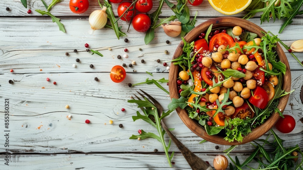 Wall mural delicious fresh vegetable salad close-up, top view, simple recipes, perfect for a cooking school web