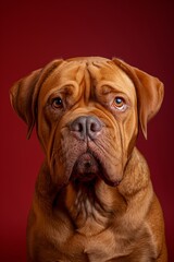 Obraz premium Dogue de Bordeaux dog on minimalistic colorful background with Copy Space. Perfect for banners, veterinary ads, pet food promotions, and minimalist designs.
