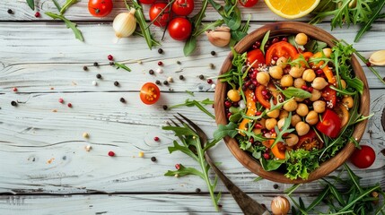 delicious fresh vegetable salad close-up, top view, simple recipes, perfect for a cooking school website or simple home recipe articles, copy space, place for text