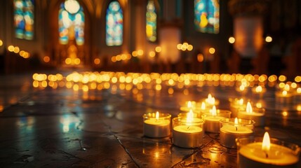 Votive Candles in a Church Interior, Elegant and Serene, Ideal for Religious or Spiritual Imagery.
