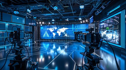 A modern television studio with two cameras and a large screen displaying a world map and digital graphics. The studio features a blue and black color scheme and a sleek design.