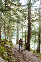 Obraz premium Young female traveler with backpack walking in national park or forest. Hiking, recreation and sports in nature.