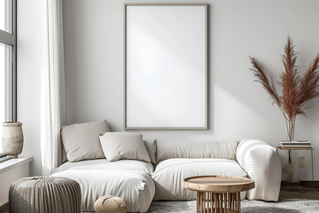 white frame leaning in bright interior with plants and decorations mockup 3D rendering