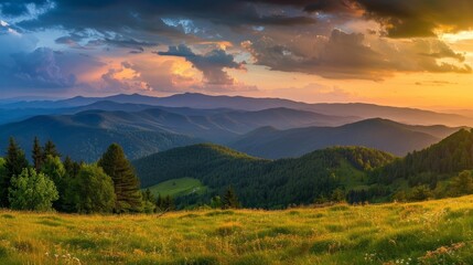 Sunset Mountain View: Serene Landscape with Clouds and Distant Hills