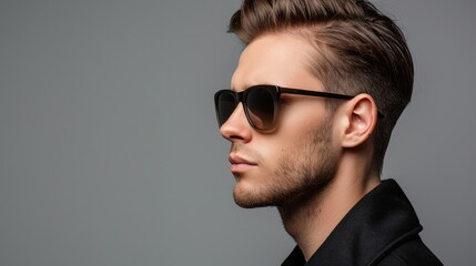 Obraz premium Stylish man with sunglasses posing against grey background viewed from the side