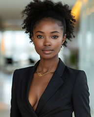 Obraz premium Happy Black Businesswoman Portrait: Modern Office Background, Professional Attire