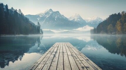 Serene Lakeside Retreat: Peaceful Pier overlooking crystal waters with majestic mountains in the background, inviting relaxation and tranquility.