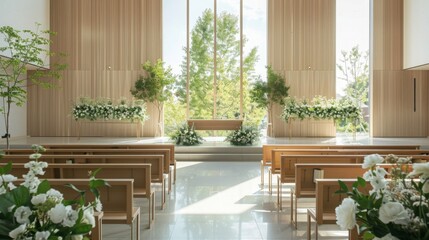 A modern wedding chapel with wooden pews, white flowers, and large windows overlooking a garden.