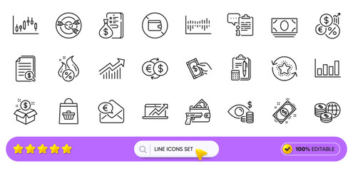 Post package, Sales diagram and Demand curve line icons for web app. Pack of Column diagram, Inflation, Payment pictogram icons. Wallet, Hot loan, World money signs. Candlestick graph. Vector