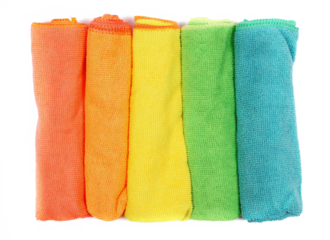 Set microfiber cloths colorful isolated on white, top view