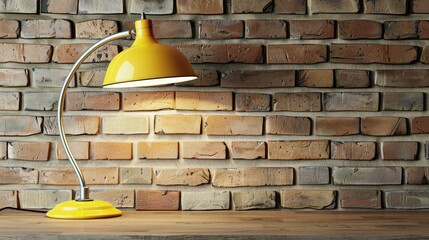 Yellow modern lamp against brick wall on desktop with copy space