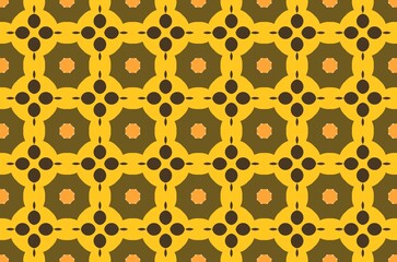 A pattern of circles and squares in yellow, black and brown