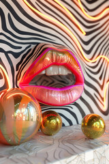 Psychedelic lips against zebra stripes with spheres, surrealist pop digital painting in neon lights