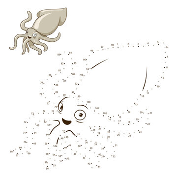 Connect the dots to draw the animal educational game for children squid PNG illustration
