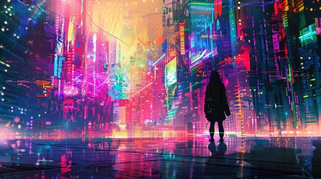 Vivid Neon Cityscape with Person, Cyberpunk Aesthetic