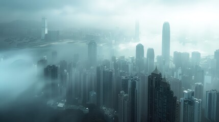 Fototapeta premium Mysterious Metropolis: A Dystopian Cityscape Shrouded in Fog and Rain, with a Hint of Urban Decay