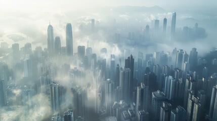 Fototapeta premium Futuristic Cityscape with Skyscrapers and Cloudy Skies, High-Rise Buildings Amidst a Foggy Environment