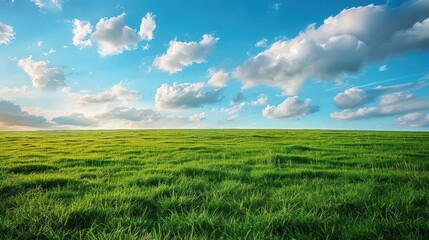 Fototapeta premium Bright and serene pastoral field with fluffy clouds under a clear blue sky, perfect for nature photography or stock images illustrating tranquility.