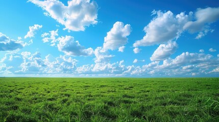 Obraz premium Vibrant Plains, Serene Sky: Idyllic Rural Scenery with a Patch of Green Fields under Blue Skies with Fluffy Clouds.