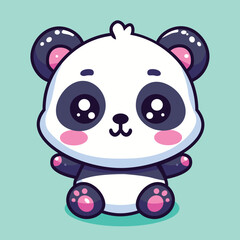 Adorable cartoon panda character with big eyes, pink cheeks, sitting on aqua background, perfect for kids.