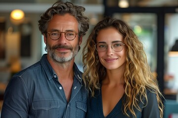 Smiling Couple Wearing Glasses in a Restaurant Setting