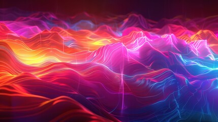 Vivid Abstract Digital Artwork: Colorful Surreal Landscape with Light Waves