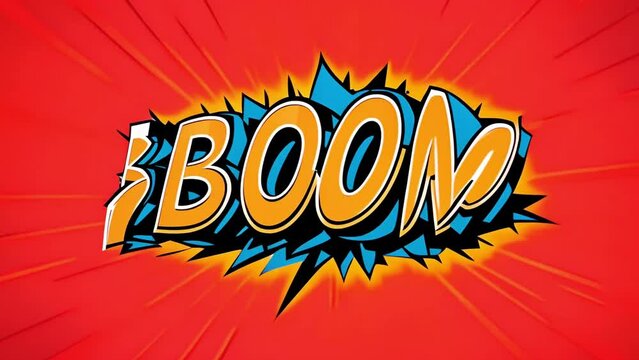 Funny boom. Motion poster. 4k animated Comic book word text moving on abstract comics background. Retro pop art style.