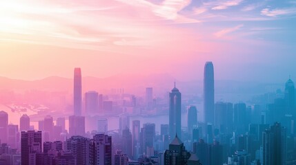 Metropolitan Skyline at Sunrise or Sunset with Pink Hues and Clouds