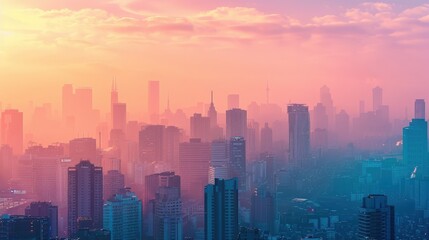 Fototapeta premium Beautiful Sunset Over City Skyline: Serene and Tranquil Urban Scenery