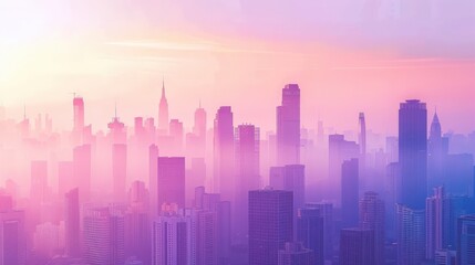 Vivid Urban Sunset Skyline Over Fog with Silhouette of Cityscape