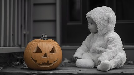 Young child in a fuzzy Halloween costume - black and white photograph 