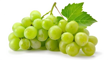 Green grape with leaves isolated on white. With clipping path. Full depth of field. 