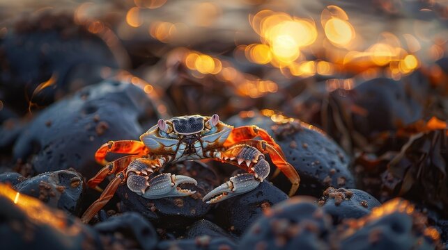 Vibrant Beach Scene with Orange Crab: Sunset, Seaweed, Rocks, Coastal Wildlife