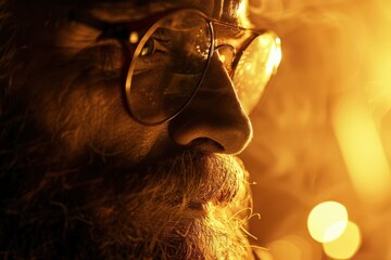 Fototapeta premium Deeply Contemplative Portrait of a Bearded Man in a Blurred Environment with an Out-of-Focus Background.