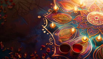 Obraz premium Beautiful rangoli with intricate patterns and bright colors, surrounded by lighted diyas