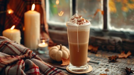 A warm, spiced latte with whipped cream sits on a windowsill, surrounded by candles and autumn leaves