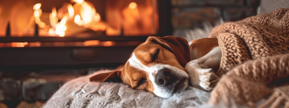 A dog is laying on a blanket next to a fireplace