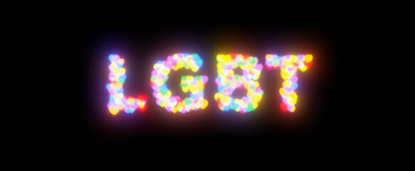 LGBT cinematic blurred bokeh lights heart shaped on black background, add or screen mode overlay