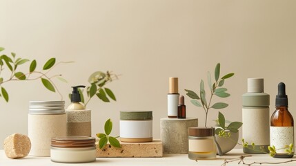 Artisanal Skincare Products Displayed on a Textured Table with Plant Elements