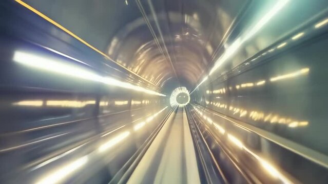 A dynamic image capturing the inside of a high-speed train tunnel at night, showcasing blurred lights that create a sense of motion and speed. The setting is futuristic and sleek.