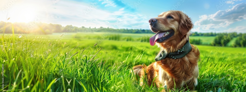 Wall mural A dog is sitting in a field with a red bandana around its neck