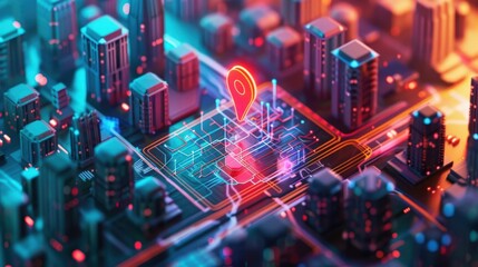 Fototapeta premium Urban 3D Cityscape with Digital Art and Illustration Elements, Featuring Advanced Technologies and AI Imagery