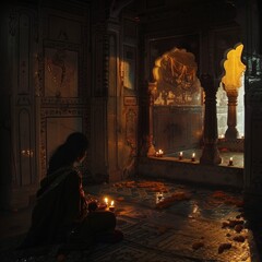 Fototapeta premium Contemplative Moment in an Indian Temple: A Woman Sits in Deep Thought Amidst Lit Candles and Colored Decorations.