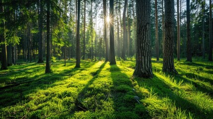 Obraz premium Vibrant forest with lush grass and pine trees