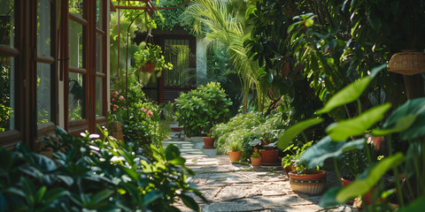 Lush Green Garden Pathway with Various Potted Plants and Sunlight Filtering Through Trees